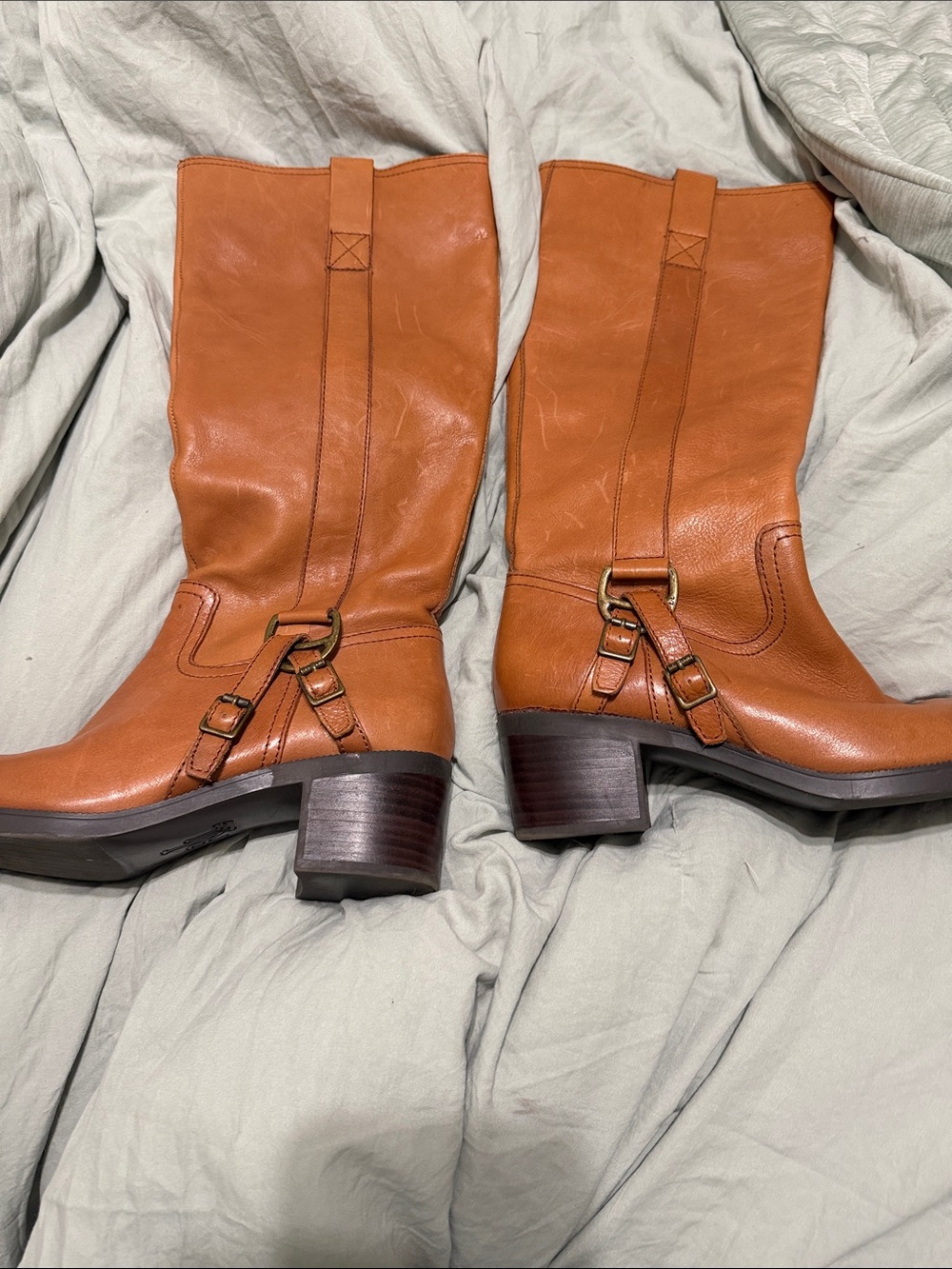 Lauren Ralph Lauren Cognac Leather Mid-Calf Harness Boots